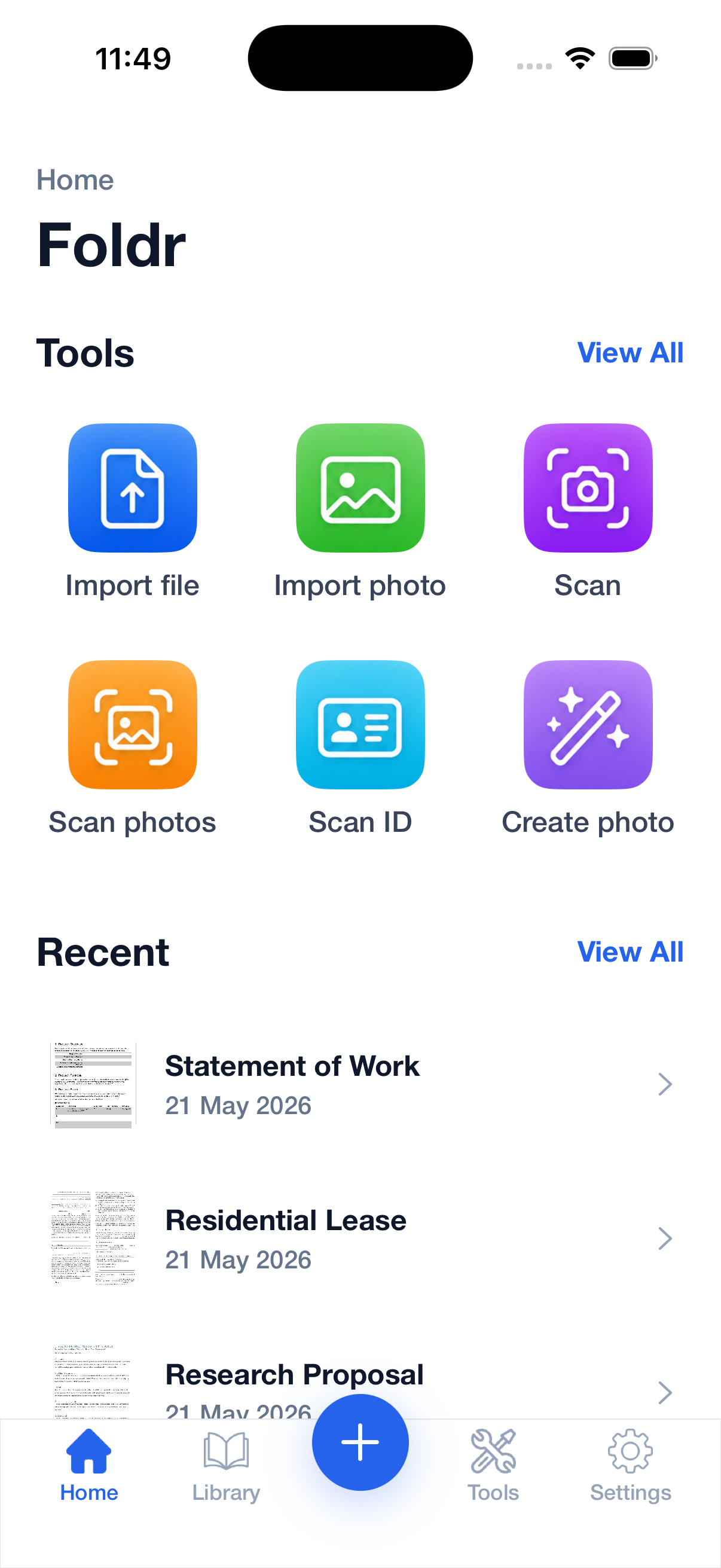 Foldr home screen